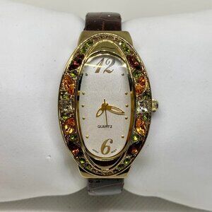 Women’s quartz analog cuff bracelet watch 26mm oval gold tone 6.5” running